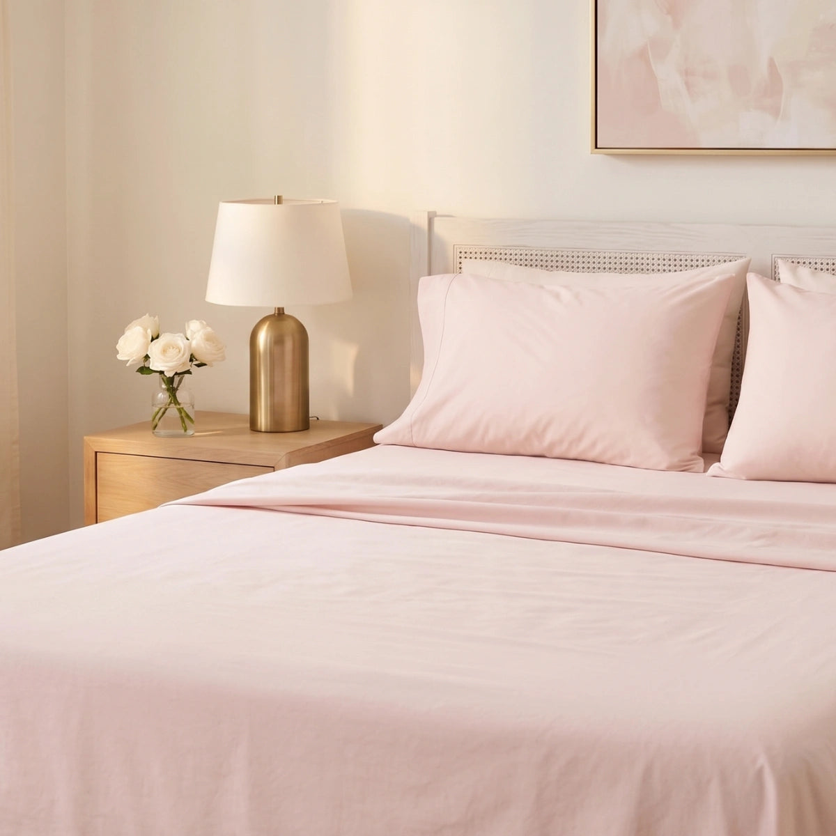 Pink T200 cotton percale flat bedsheet set on queen bed with white cane headboard and brass dome lamp
